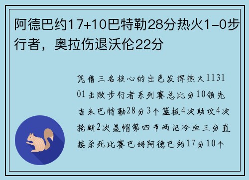 阿德巴约17+10巴特勒28分热火1-0步行者，奥拉伤退沃伦22分