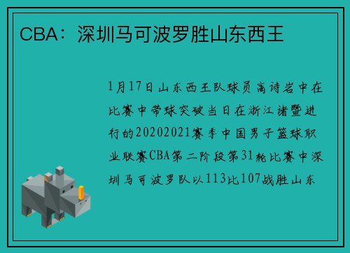 CBA：深圳马可波罗胜山东西王